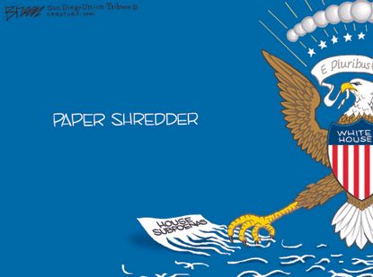 Political Cartoon U.S. Tweet Trump paper shredder house subpoenas