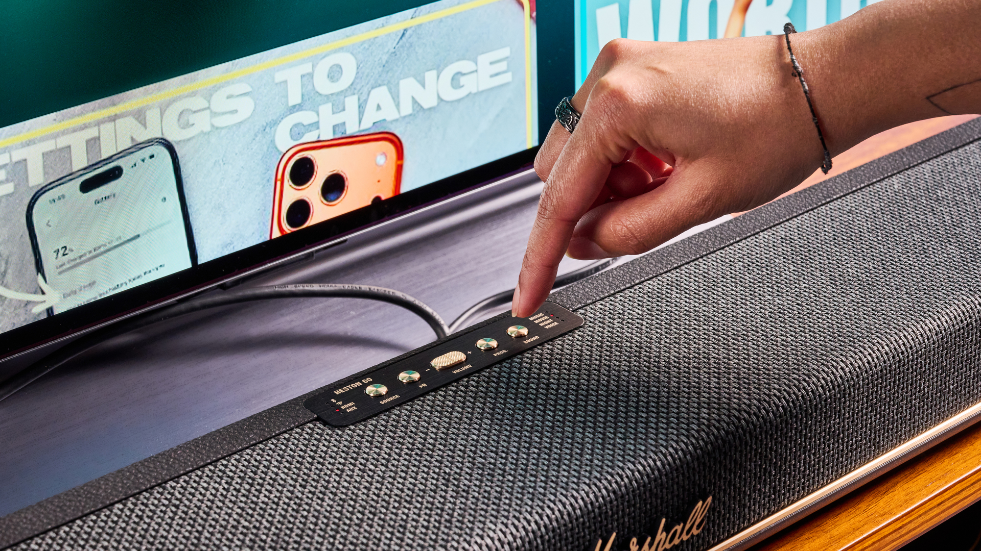 A Marshall Heston 60 compact mid-range soundbar in black