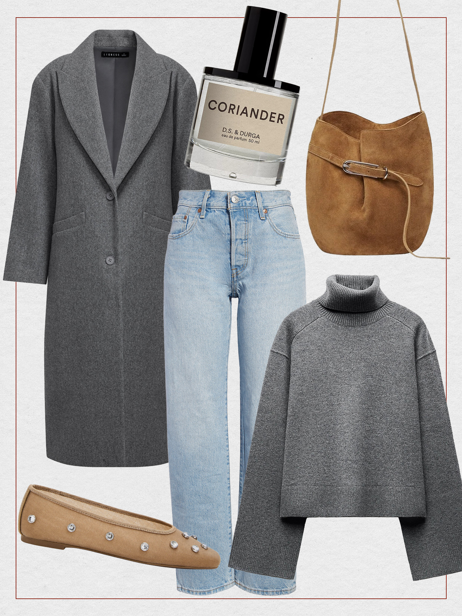 Winter outfit collage of long gray coat, D.S. & Durga Coriander fragrance, Zara gray turtleneck, Liffner suede bucket bag, Levi's jeans, and rhinestone studded Katy Perry flats.