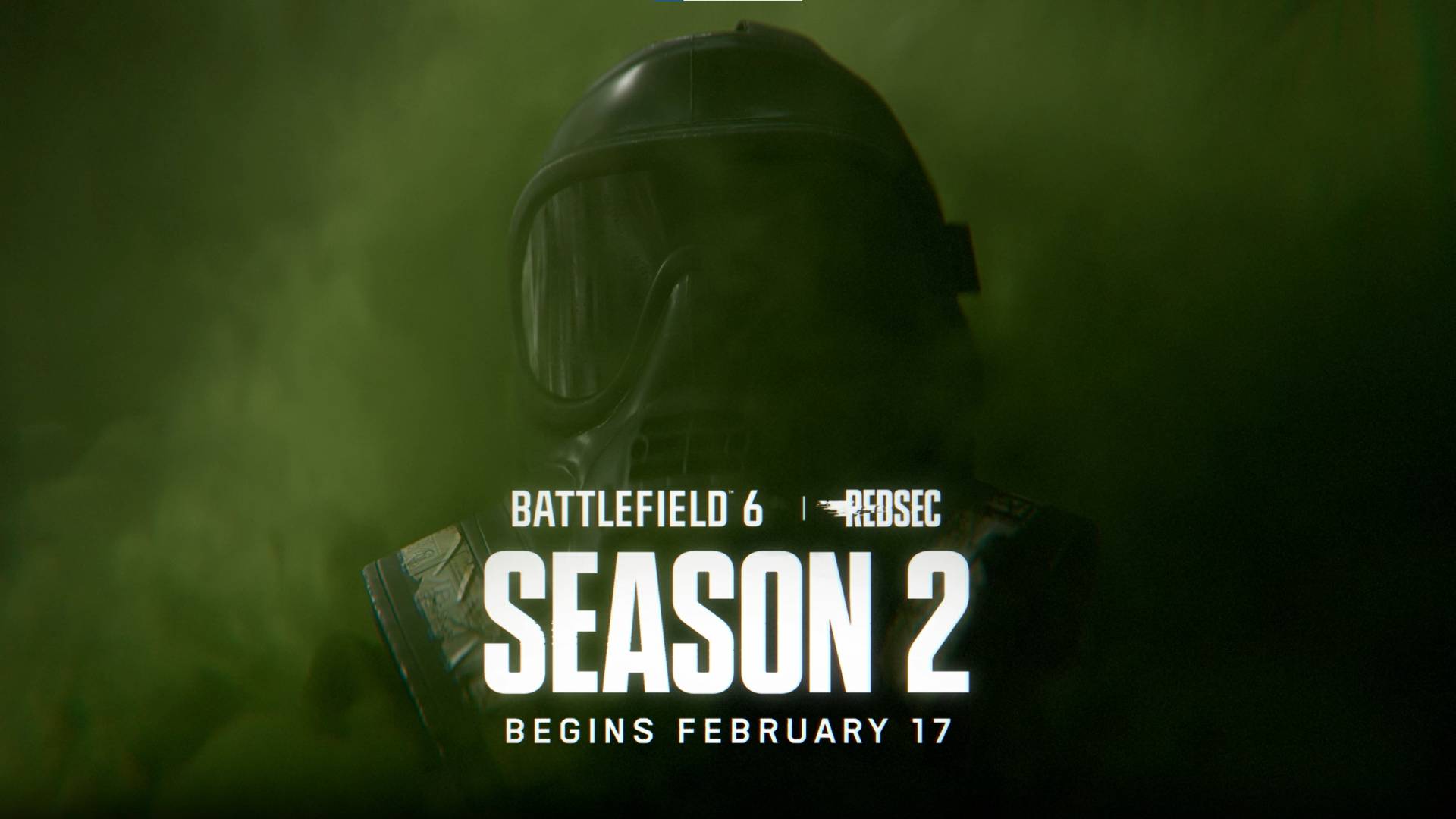 Battlefield 6 season 2 teaser soldier with gad mask in green gas cloud with February 17 start date