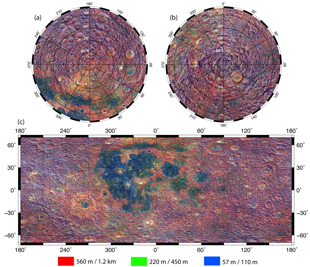 The colors in this image reveal information about the slope and roughness of the moon&#039;s surface.