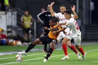 Sergio Reguilon, right, playing for Sevilla against Wolves in the Europa League