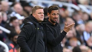 Newcastle head coach Eddie Howe and assistant Jason Tindall react on the sidelines during the Premier League match between Newcastle United and Crystal Palace at St. James Park on October 21, 2023 in Newcastle upon Tyne, England.