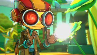 A cartoon character with large red goggles and a brown aviator cap stands in a green environment, holding a glowing white light between their hands.