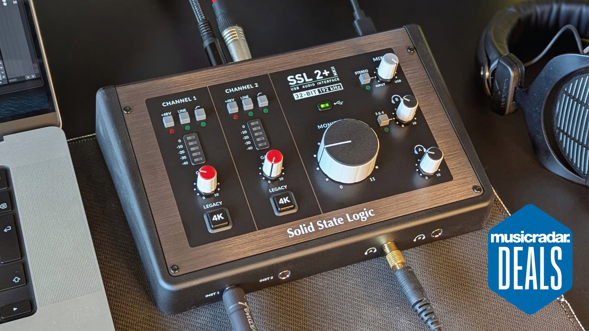 An SSL 2+ MKII audio interface on a desk