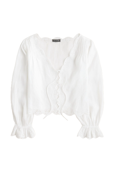 J.Crew, Scallop-Trim Tie-Front Top in Ramie