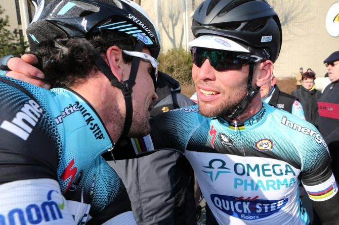 Gert Steegmans, left, and stage 2 winner Mark Cavendish celebrate