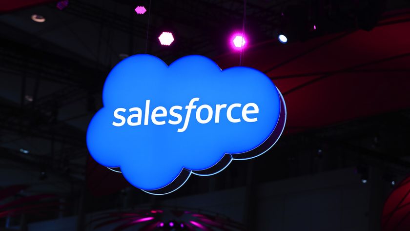 Salesforce logo and branding pictured on an illuminated sign at the CeBIT 2017 tech fair in Hannover, Germany.