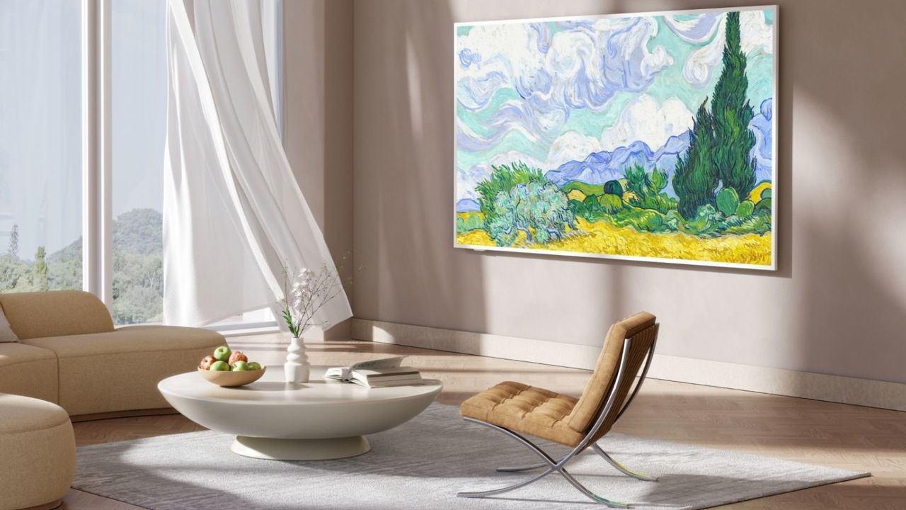 TCL 55" NXTVISION Art TV situated in living room with art displayed