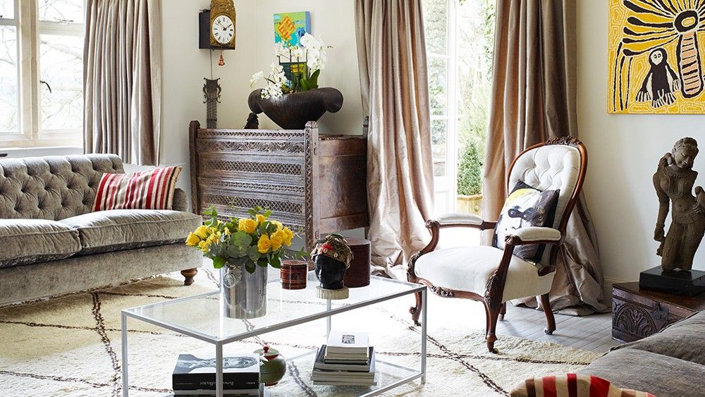 living room with sofa and curtains