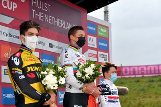 Wout van Aert, Mathieu van der Poel and Tom Pidcock on the podium at the World Cup in Hulst