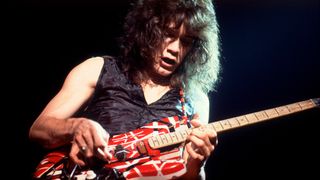American Rock musician Eddie Van Halen, of the group Van Halen, performs onstage at the Aragon Ballroom, Chicago, Illinois, April 6, 1979