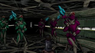 The player is surrounded by alien enemies in Classic Marathon Infinity