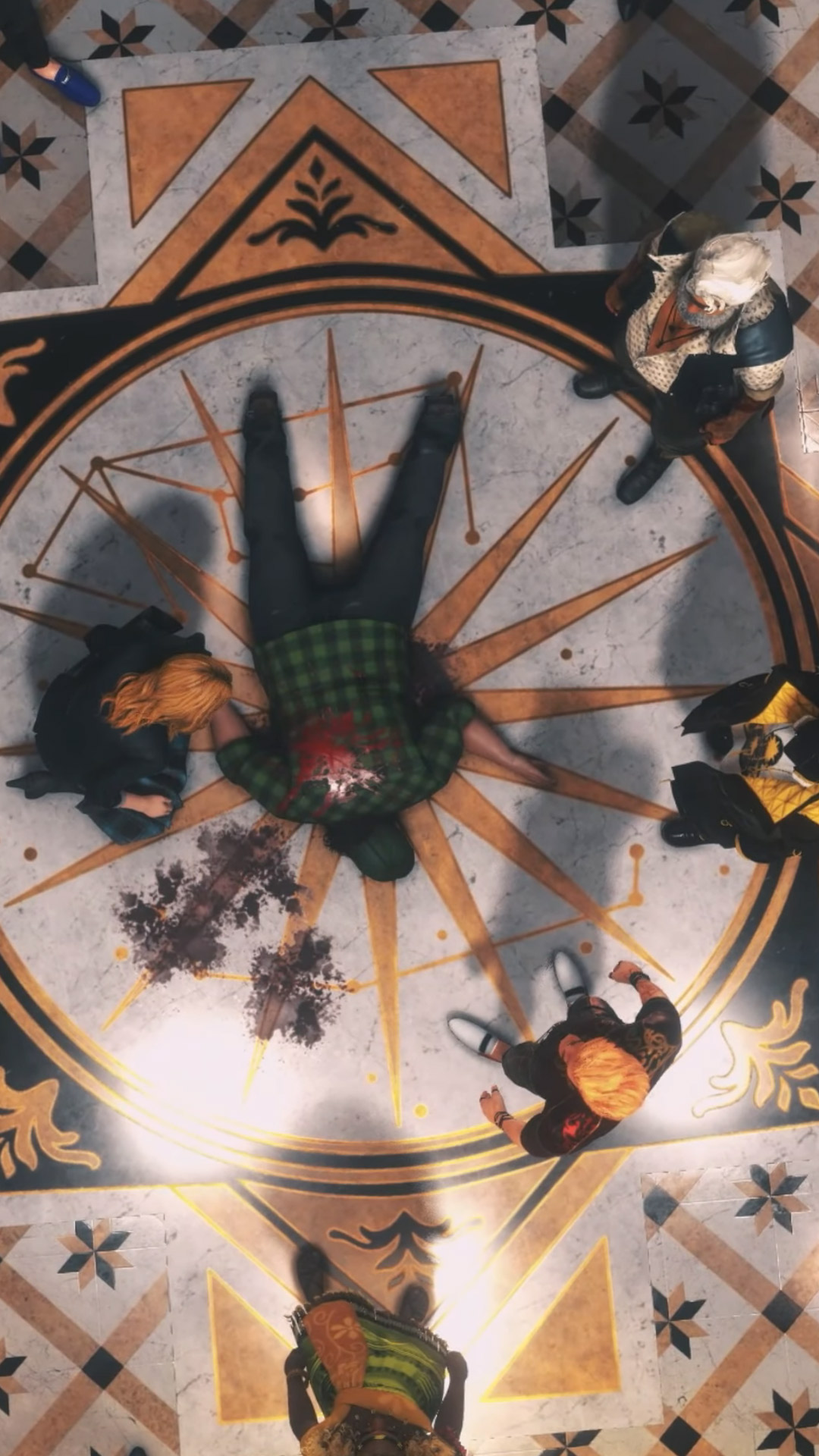 Players in Killer Inn inspecting the dead player in the center of the room