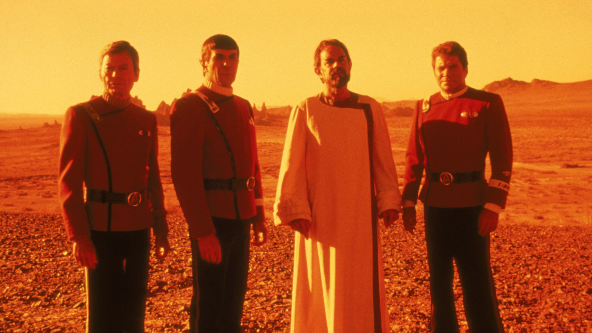 Leonard Nimoy, William Shatner, DeForest Kelley, and Laurence Luckinbill in Star Trek V The Final Frontier (1989)