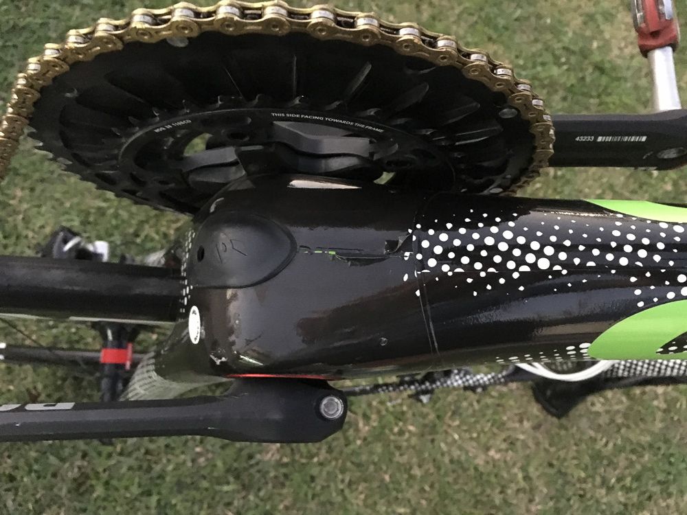 A view of the bottom bracket area from below the frame