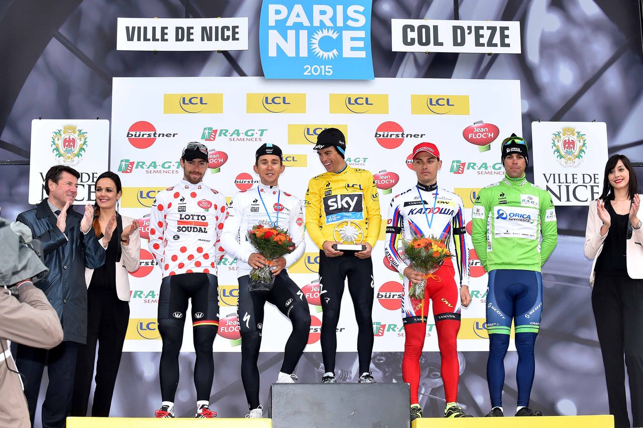 Michal Kwiatkowski makes some room for Thomas de Gendt ont he podium