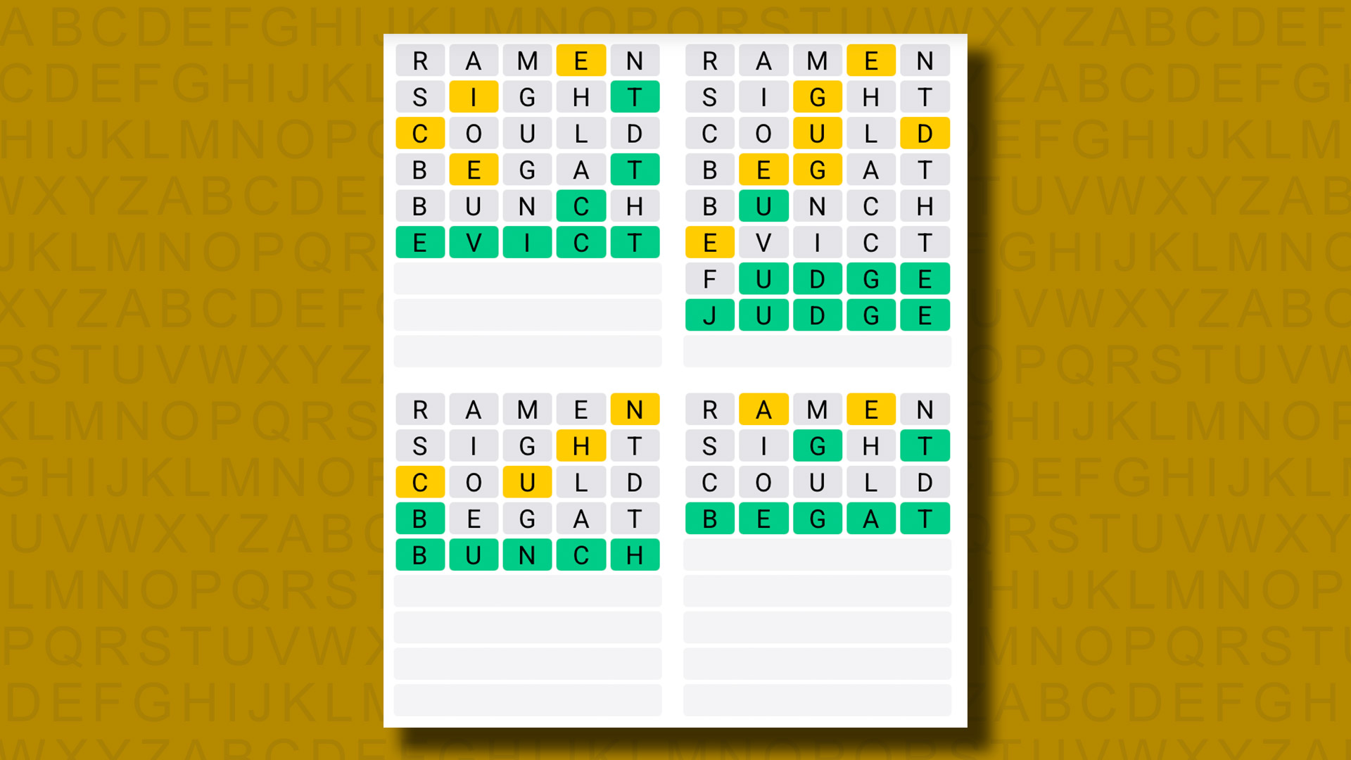 Quordle answers for game 1335 on a yellow background