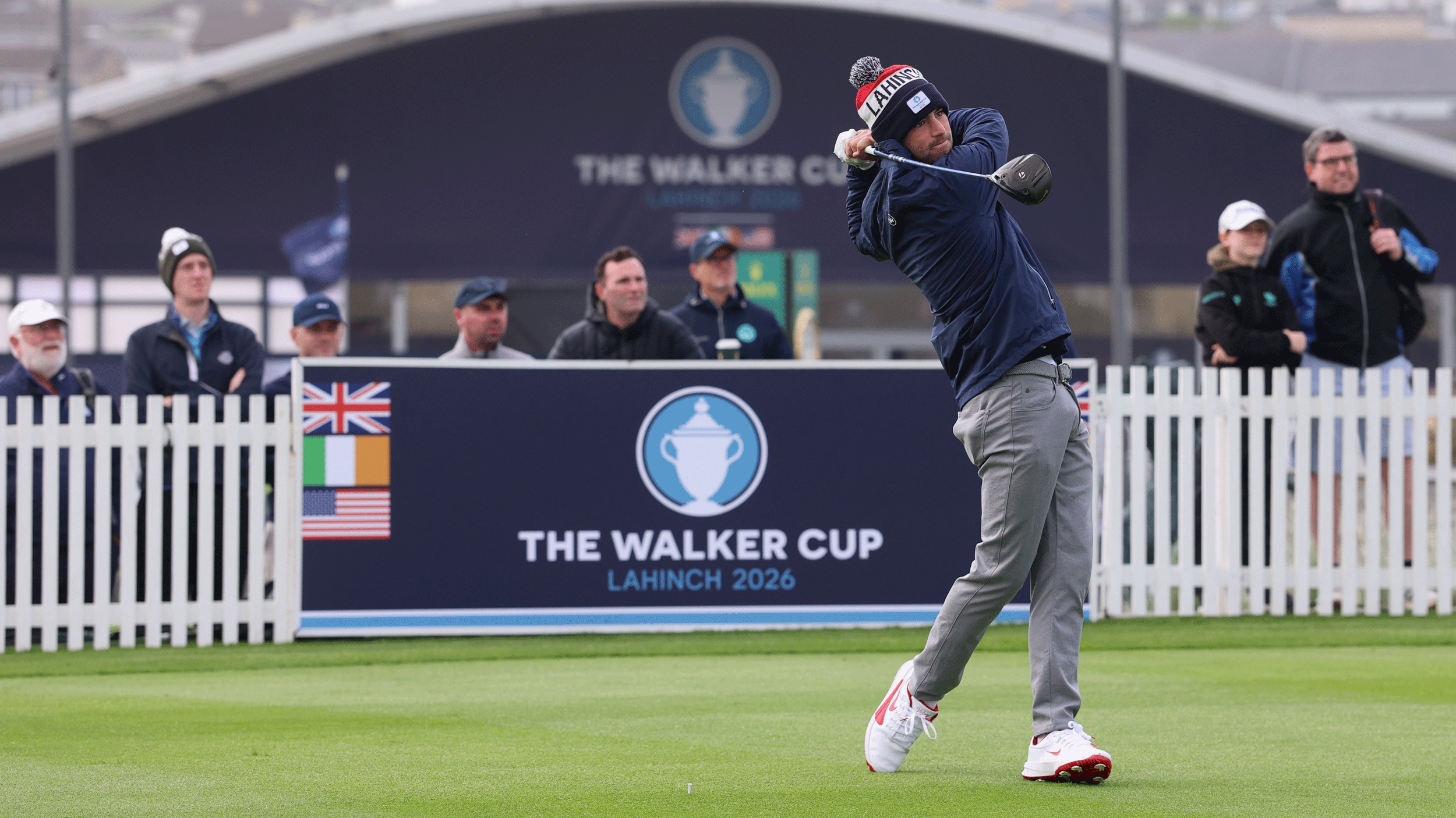 Ryder Cowan hits a drive during a practice round ahead of the 2026 Walker Cup
