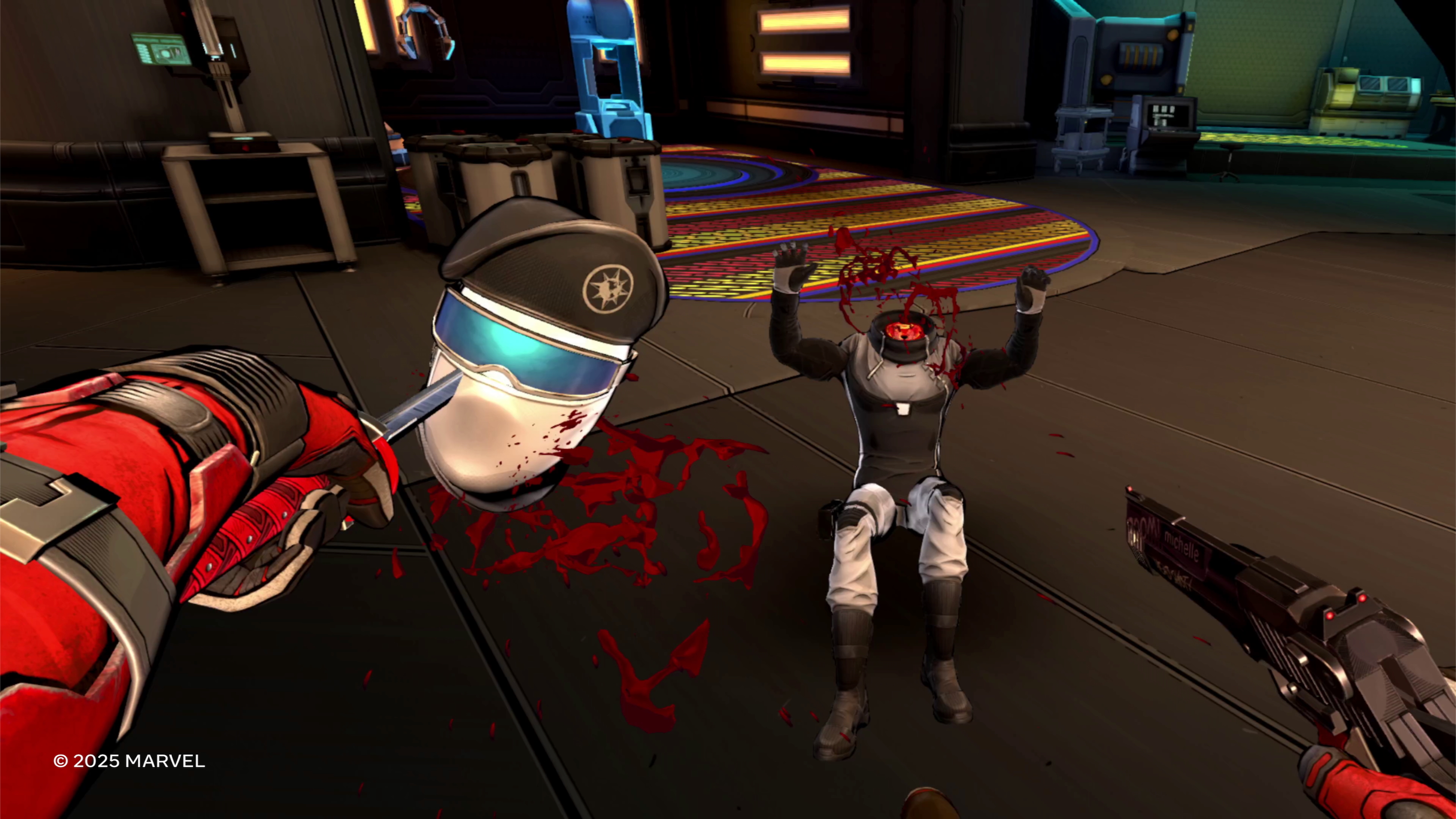A Deadpool VR screenshot showing an impaled head on a held sword with the headless soldier in the near distance.