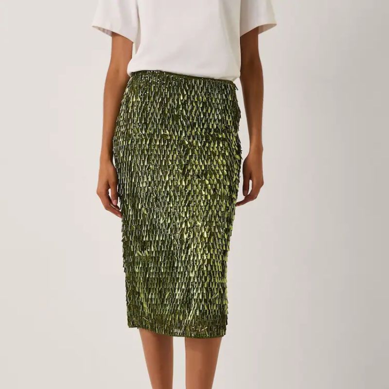 Monsoon Green Serenity Sequin Midi Skirt on model