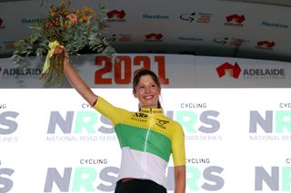 Ruby Roseman-Gannon (Team Ara Pro-Racing Sunshine Coast) on the podium as the Best Australian Rider at the 2021 Santos Festival of Cycling