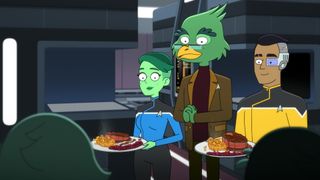 cartoon characters wearing jumpsuits in bright primary colors talk to a humanoid bird-like alien inside a spaceship filled with lights and buttons