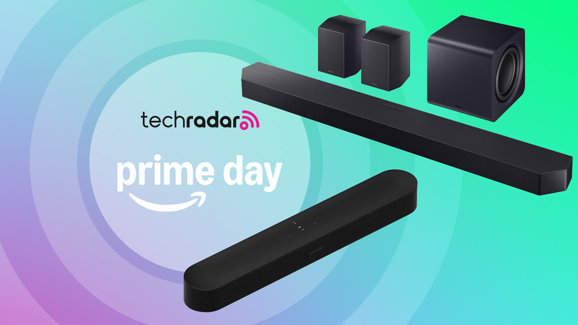 Samsung and Sonos soundbars, with a sign saying Prime Day