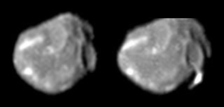 These photos of Jupiter's moon Amalthea were captured during flybys by NASA's Galileo spacecraft in November 1999 (right) and August 1999, revealing a strange bright streak on the Jovian satellite. 