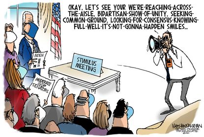 Political Cartoon U.S. biden unity stimulus
