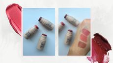 Two images of the new bareMinerals GEN NUDE&reg; Dew-In-One Cheek & Lip Sticks and swatches on back of hand, with white marble background and blush swatches