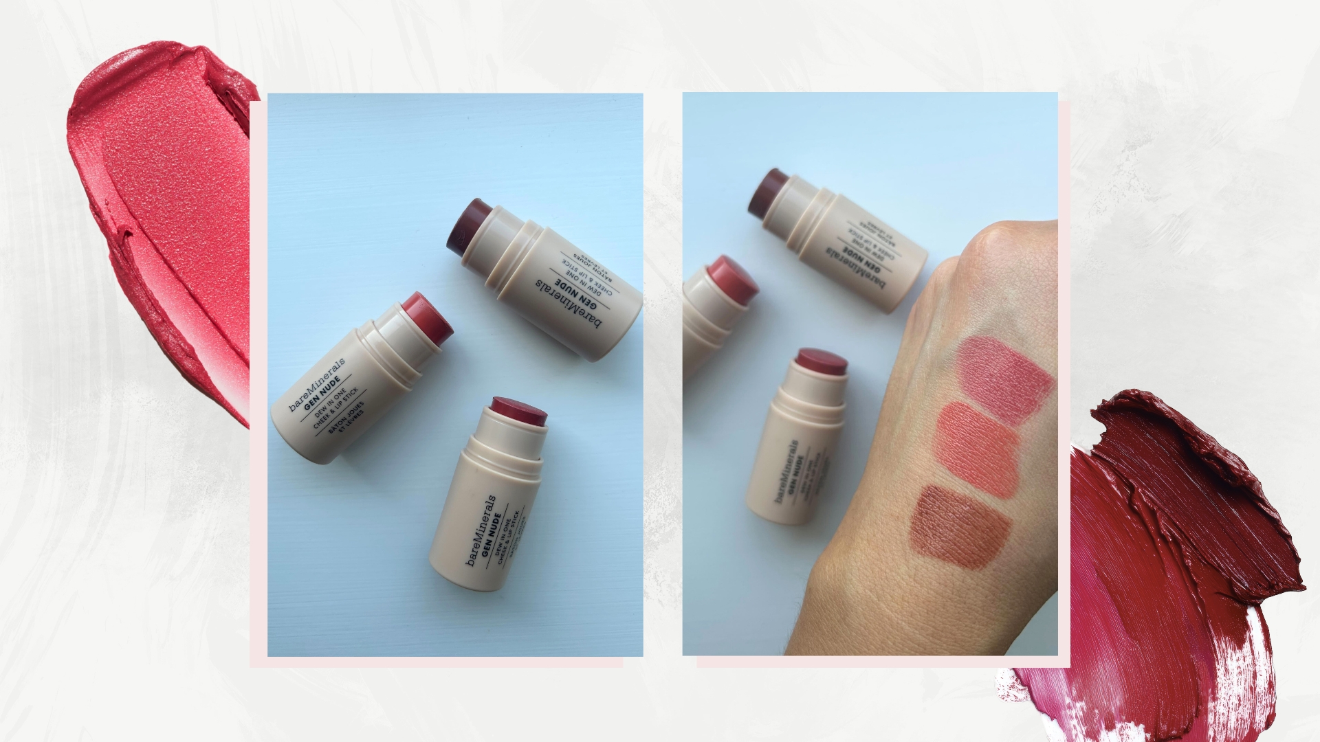 Two images of the new bareMinerals GEN NUDE&reg; Dew-In-One Cheek &amp; Lip Sticks and swatches on back of hand, with white marble background and blush swatches