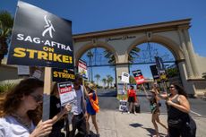 SAG-AFTRA members picket outside of Paramount Studios in Los Angeles.