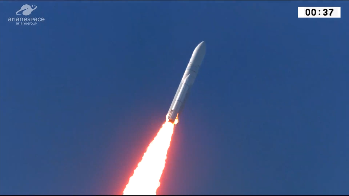 An Ariane 5 rocket designated VA249 launches the Intelsat 39 and EDRS-C communications satellites into orbit on Aug. 6, 2019.