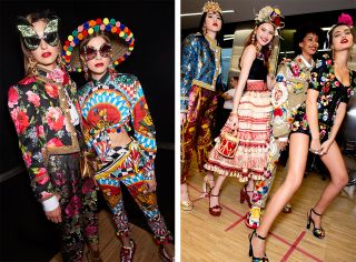 Models wear embroidered floral jackets and trousers, floral jumpsuit, striped skirt and black top