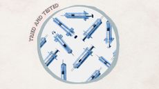 a beige backdrop with a circular image of several blue syringes and text reading tried and tested