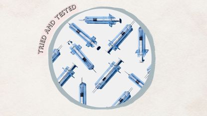 a beige backdrop with a circular image of several blue syringes and text reading tried and tested