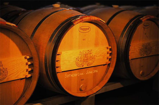 The barrel of Ch&acirc;teau Palmer 2015 wine waiting to be auctioned.