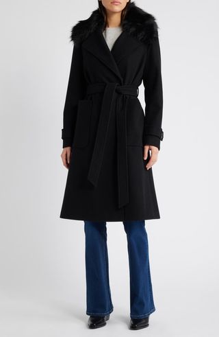 Belted Coat With Removable Faux Fur Collar