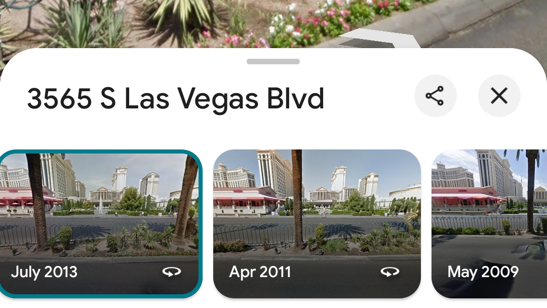 Google Maps screenshot showing street view options for Las Vegas Blvd from 2013, 2011 and 2009