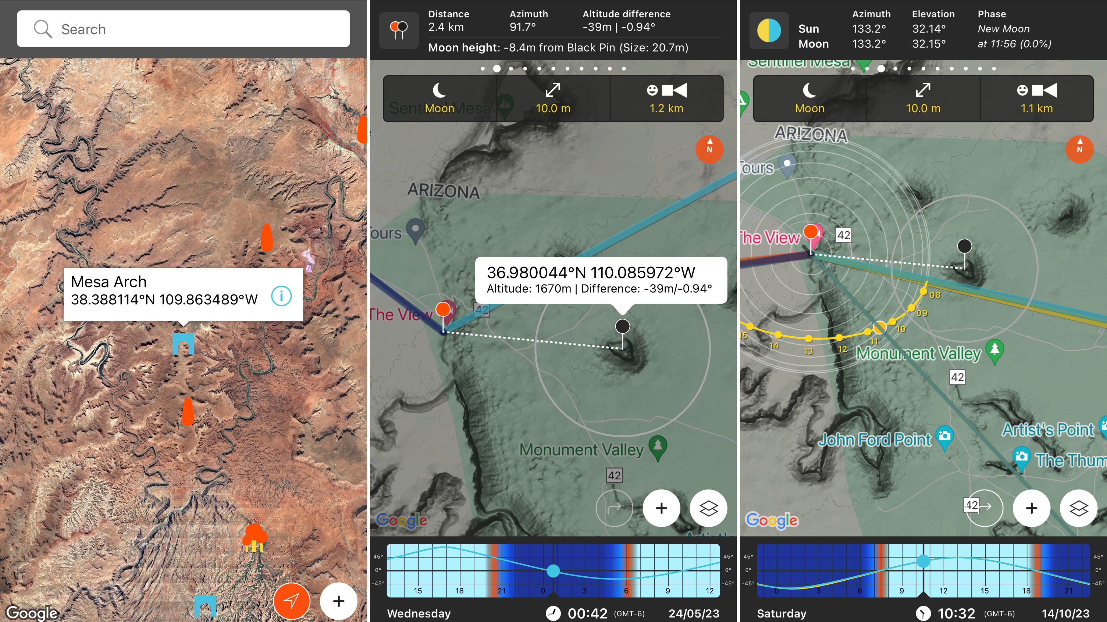 Three images of the Planner section of the app showing a black pin on the map representing the target subject and a red pin on the map representing the optimal shooting location. Statistics such as the distance, azimuth and altitude difference are shown in a black banner at the top of the map.