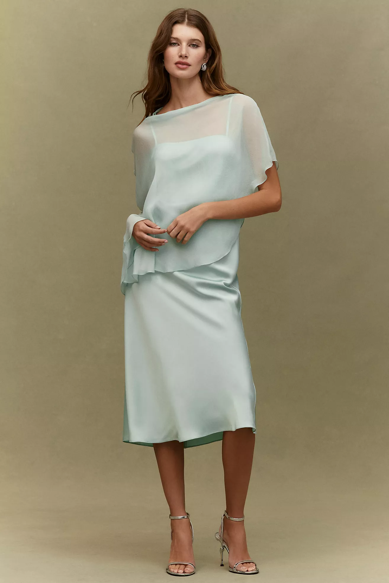 Bhldn Romy Satin Chiffon Cape Dress