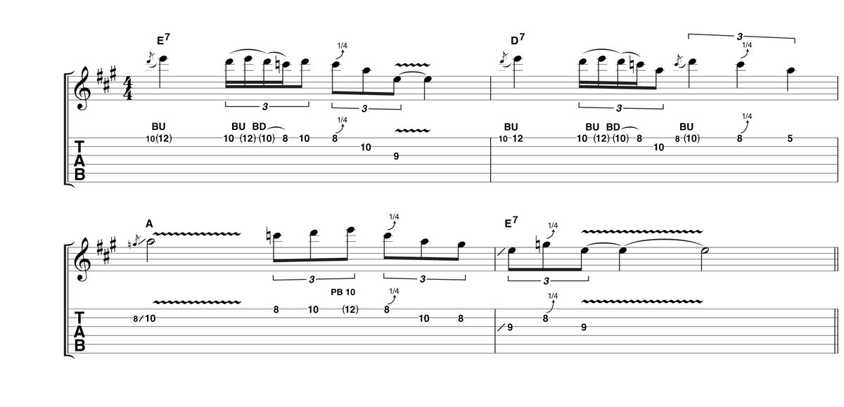 Like Example 5, this phrase is designed to wind up a solo. Letting rip with some flashy pentatonic runs to start, it shifts to a slower triplet feel to lead back into the vocal, or perhaps another 12 bars