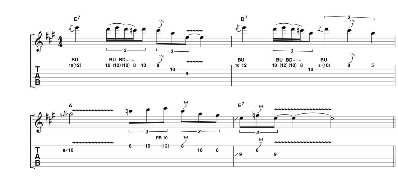 Like Example 5, this phrase is designed to wind up a solo. Letting rip with some flashy pentatonic runs to start, it shifts to a slower triplet feel to lead back into the vocal, or perhaps another 12 bars