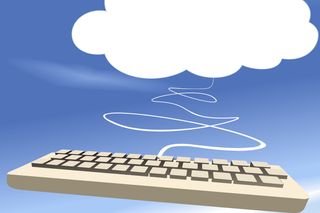 Keyboard linked to a cloud on a blue background