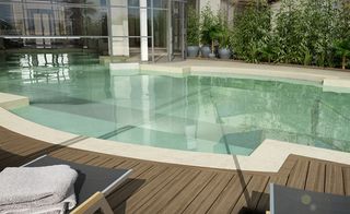 Swimming pool view and wooden decking