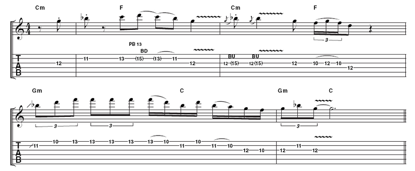 Example 3: Rory didn't confine himself to purely pentatonic phrasing. This example is given a jazzy feel by the fragments of Gmin7 arpeggio in bar 3.