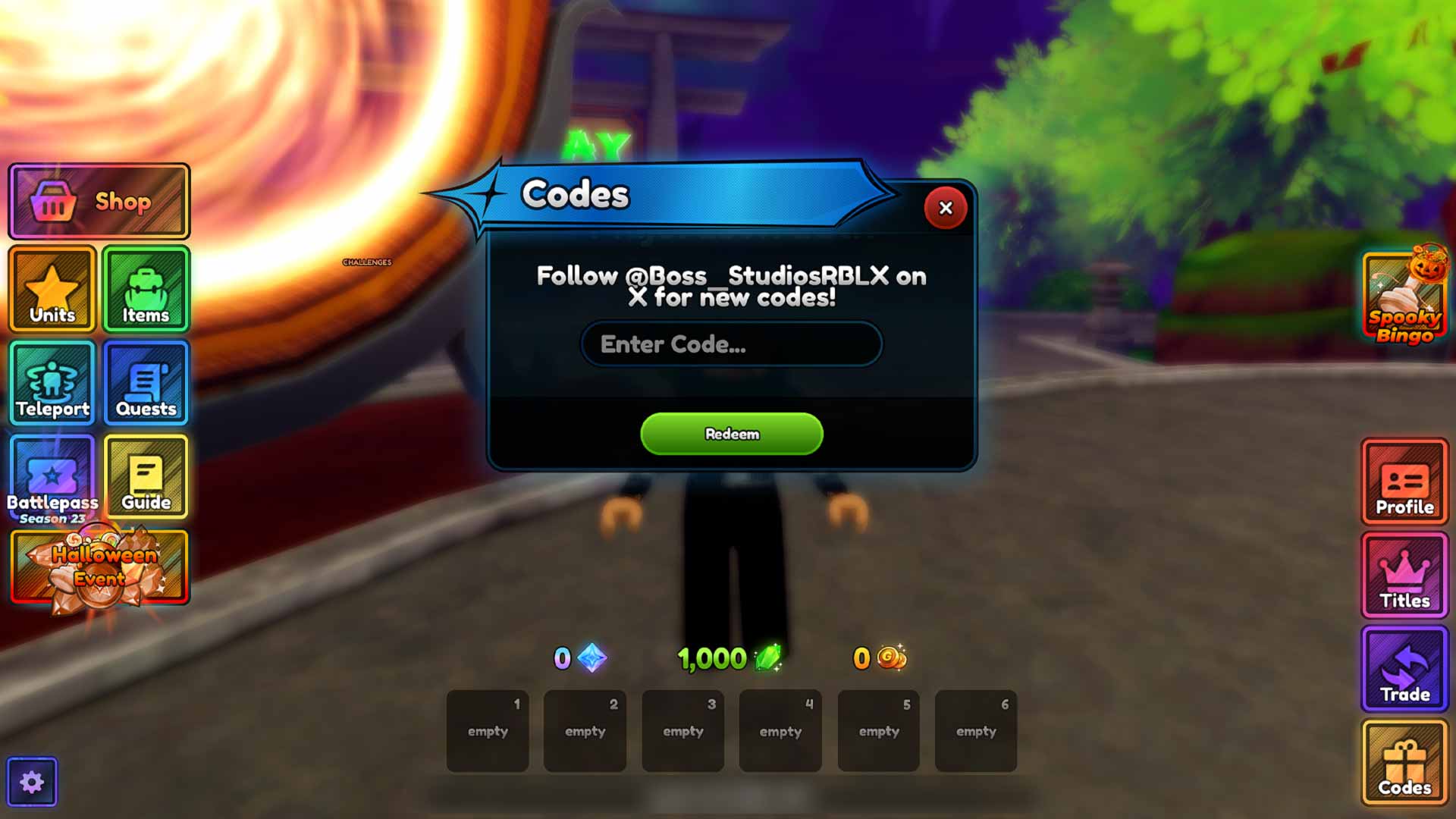 The in-game code redemption menu for Anime Last Stand