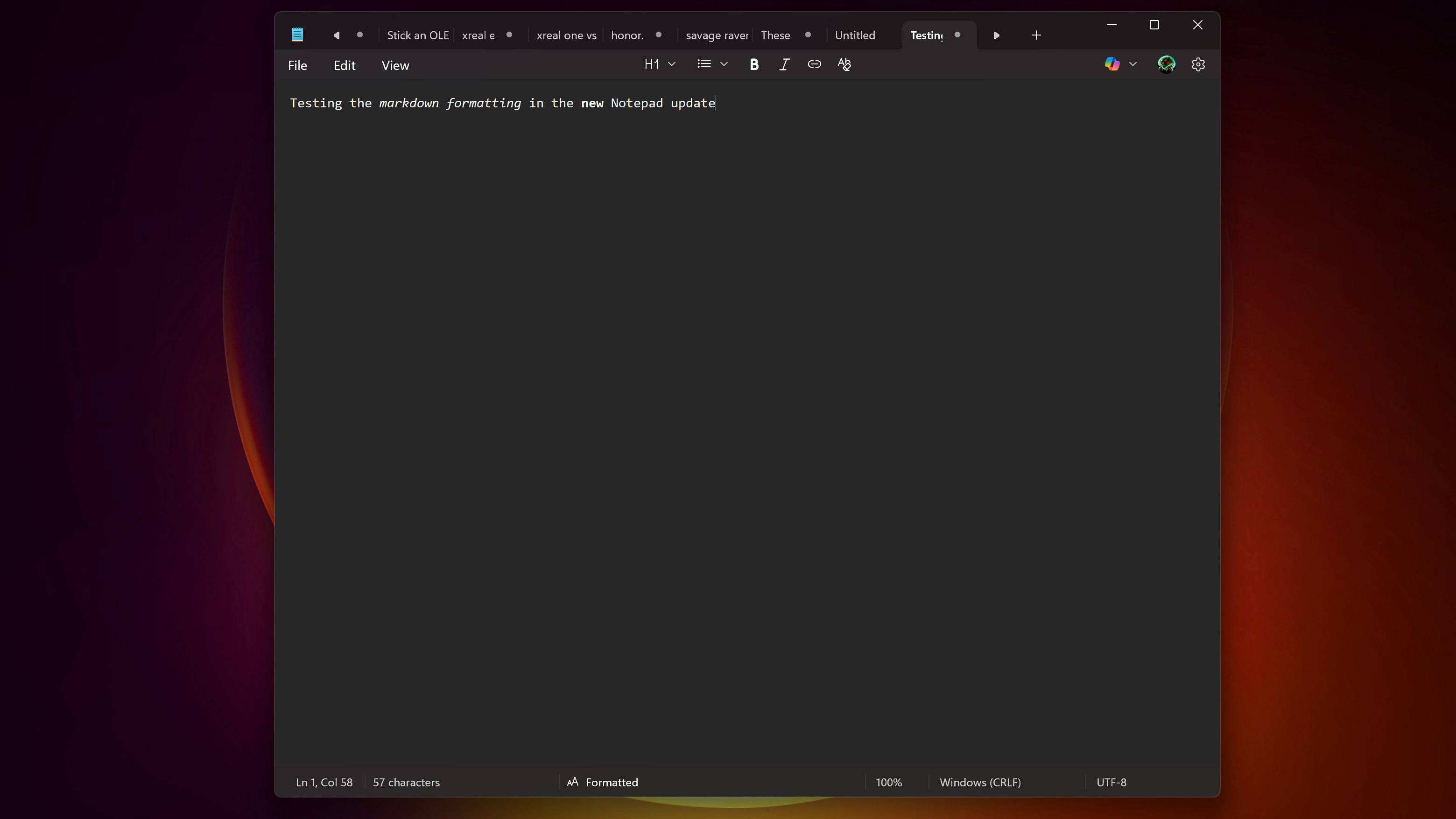 Notepad on Windows 11 following the addition of rich formatting support