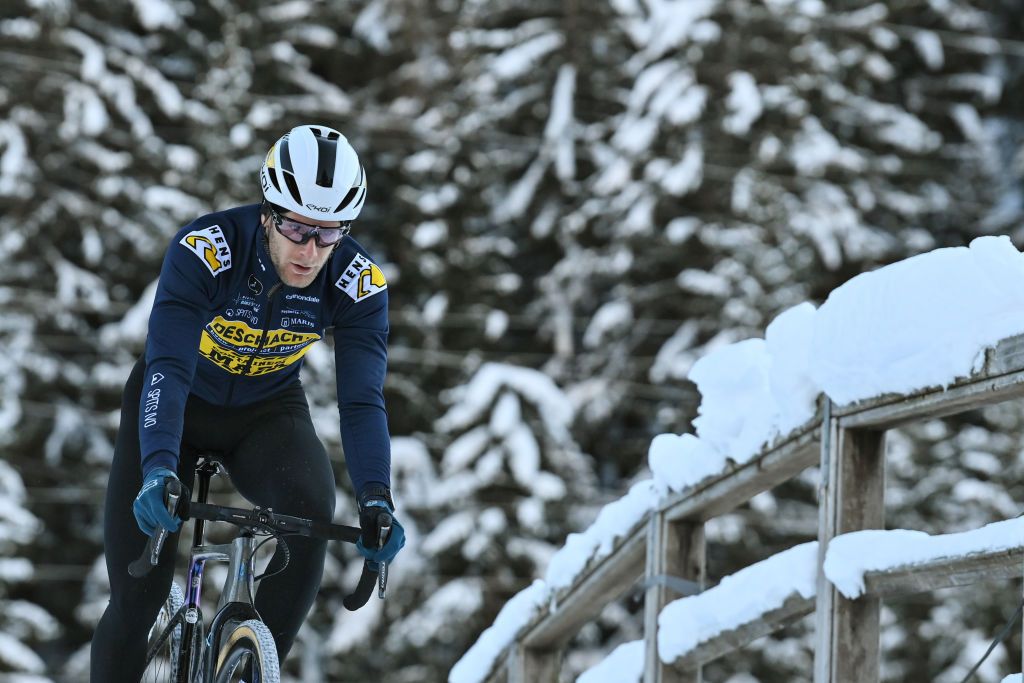 Belgian Daan Soete pictured in action during the track reconaissance ahead of the Cyclocross World Cup race in Val di Sole Italy Saturday 11 December 2021 stage ten out of 16 in the World Cup of the 20212022 season BELGA PHOTO DAVID STOCKMAN Photo by DAVID STOCKMANBELGA MAGAFP via Getty Images